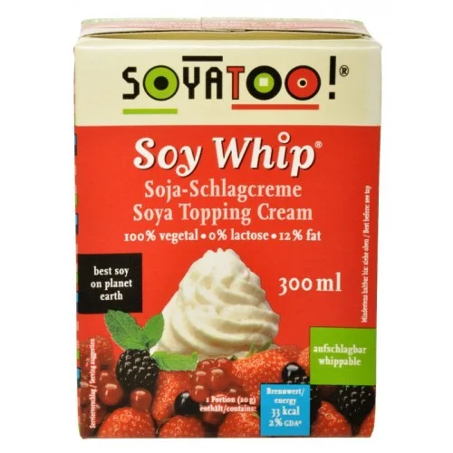 SOYATOO soywhip - er sá rjómi sem hefur reynst okkur best þegar okkur vantar rjóma til að þeyta, t.d. fyrir eftirrétti eða kökur. Rjóminn fæst t.d. í Krónunni, Nettó og Heilsuhúinu.