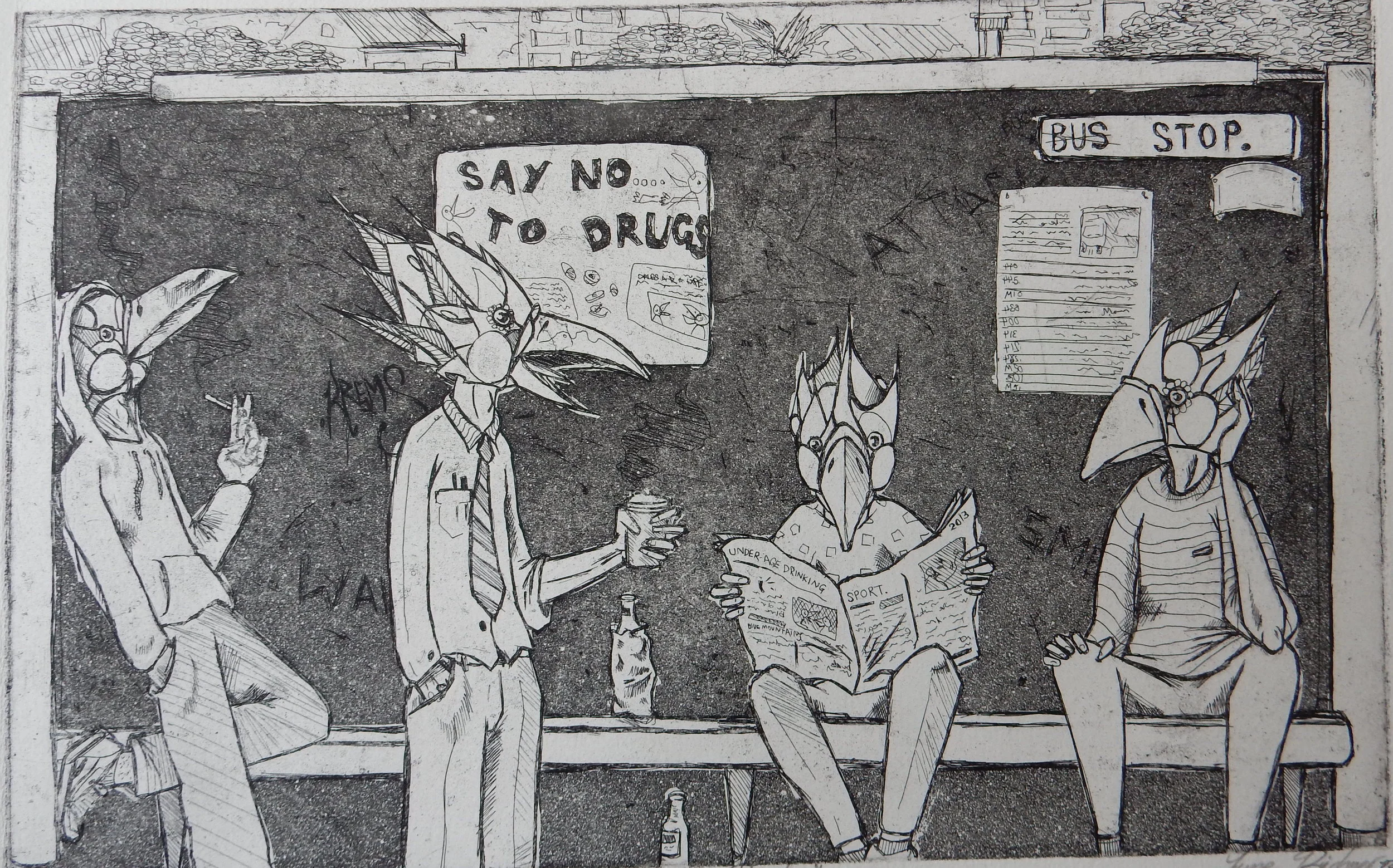 Birds at a bus stop. copper etching , aquatintJPG.JPG