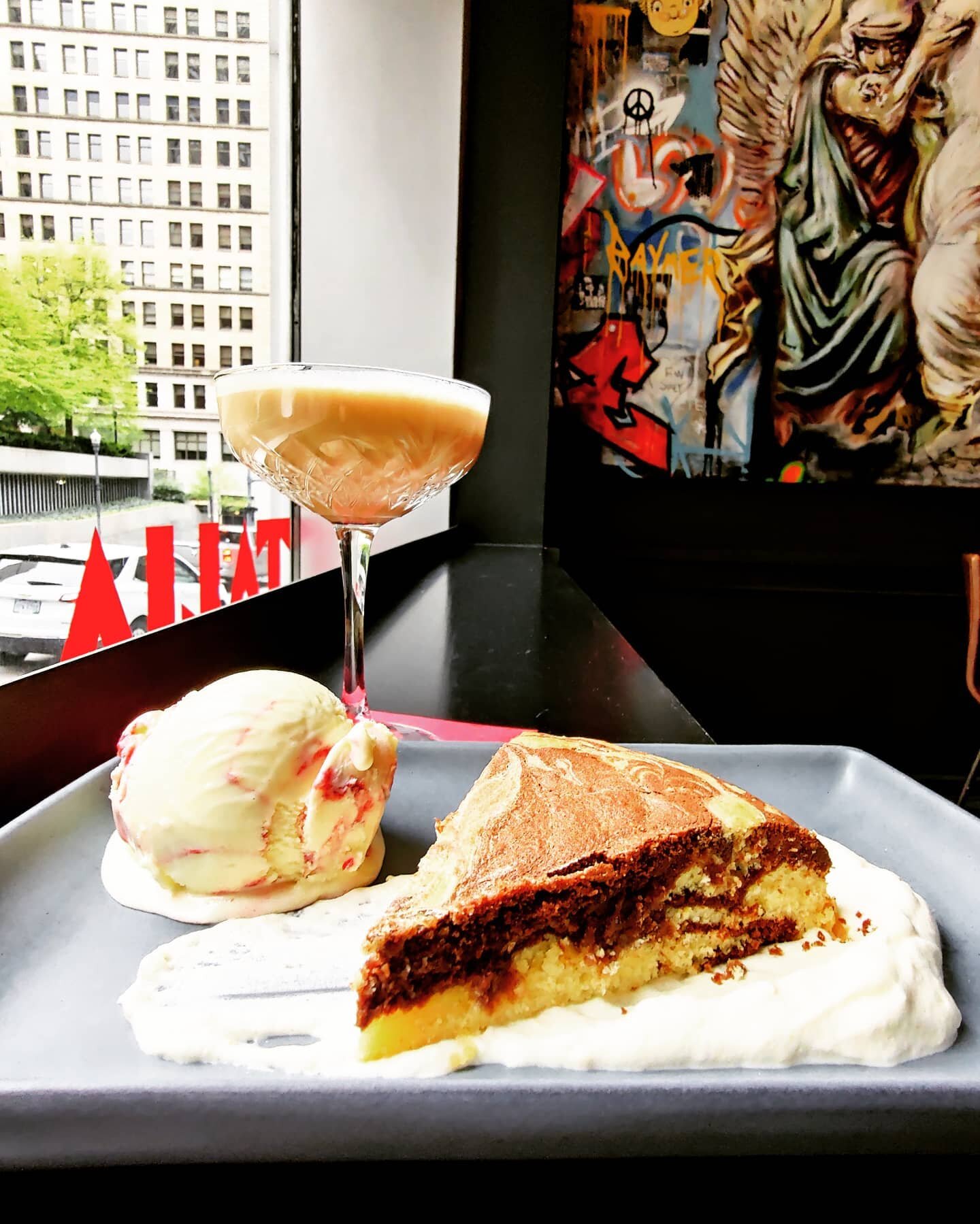 New deserts at Talia! 🍧🍰
🍋Lemon chocolate marble cake along side a lemon raspberry swirled gelato or finish off your meal with one of our famous espresso martinis!
.
.
Featured art work created by local Pittsburgh artist @jeremymraymer 
.
.
.
#des