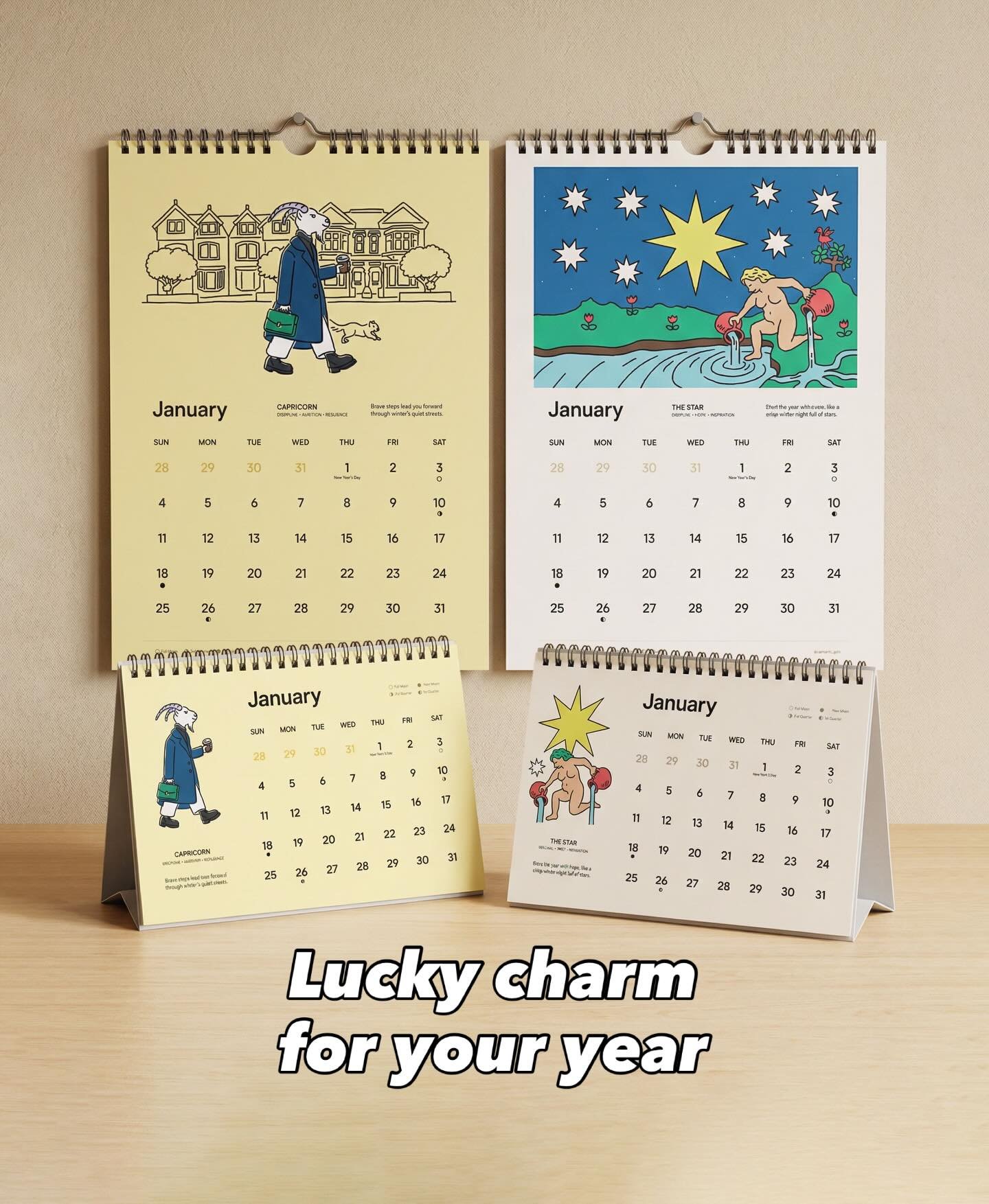 Lucky charm for your year 🌙

These calendars are more than a way to track dates.
They are small reminders to pause, reflect, and move with intention.

Zodiac calendars are illustrated around everyday moments
that gently lift your mood.
Tarot calenda