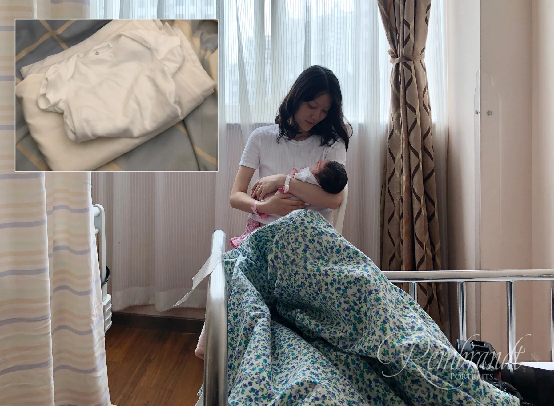 At first glance it might seem that there is no chance of getting good photographs here as it is cramped, busy with other patients, dressed with a variety of clashing fabrics and only one option as a light source. But with a little bit of creativity you can get great portraits of your baby in a public maternity ward. In the top left corner insert you can see the props I brought with me, two pillow cases and a onesie. It took only minutes to prepare and to set up and was well worth it.