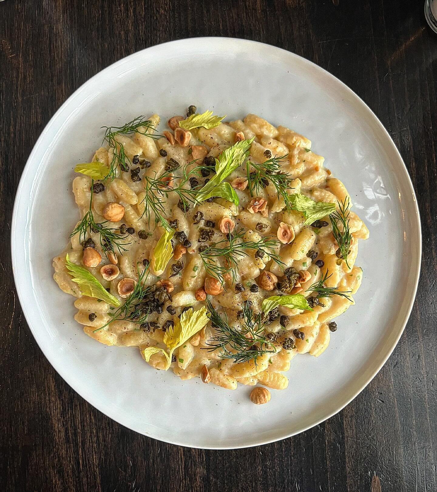 The perfect pasta to match the weather 💅 ✌️

House ricotta cavatelli, celeriac, preserved lemon, hazelnuts and crispy capers.

It&rsquo;s stick to your ribs good, y&rsquo;all.