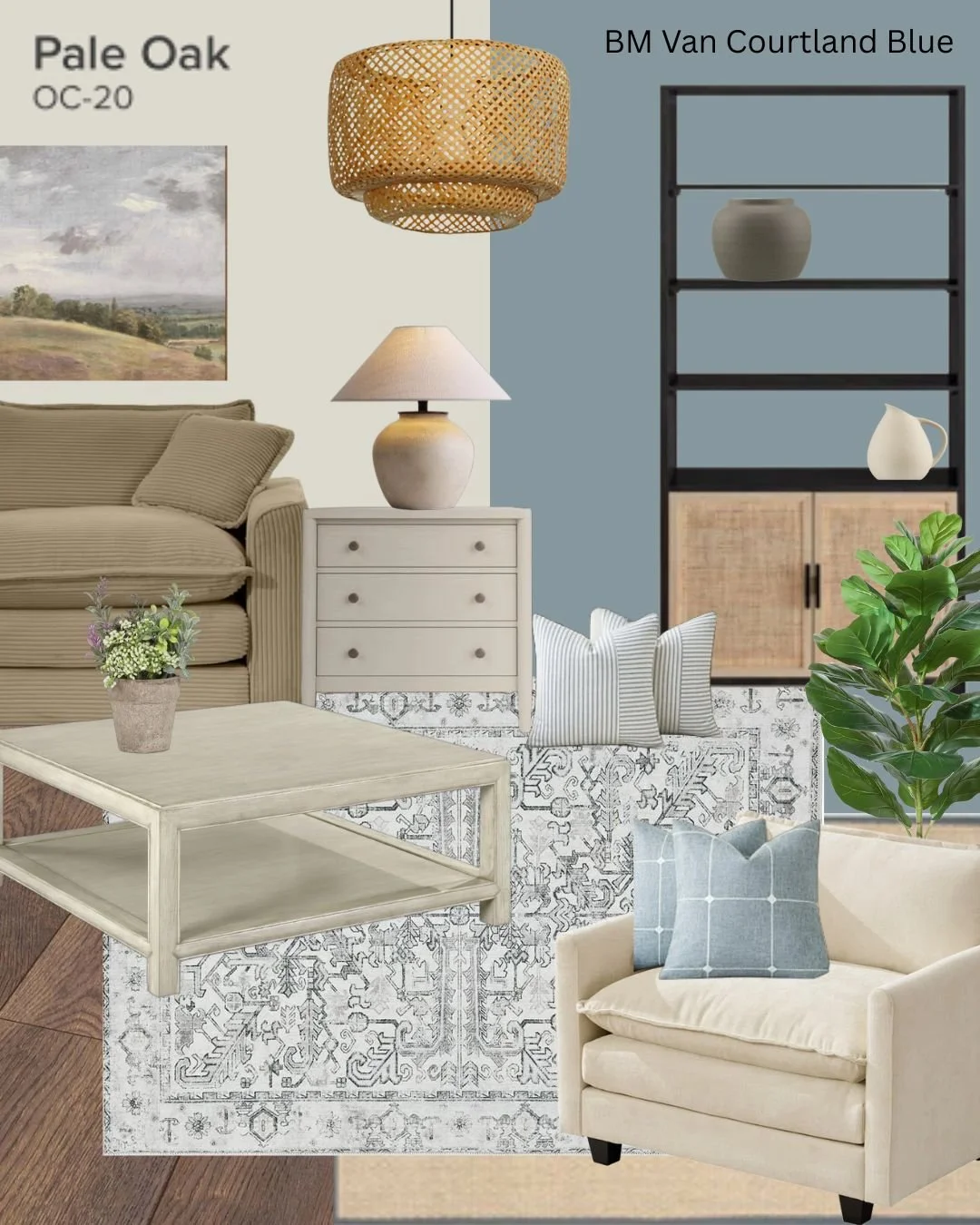 Blue family room, family room decor, condo furniture, apartment furniture, mood board with affordable furniture, living room complete decor. Benjamin Moore pale oak, Benjamin Moore Van Courtland Blue.