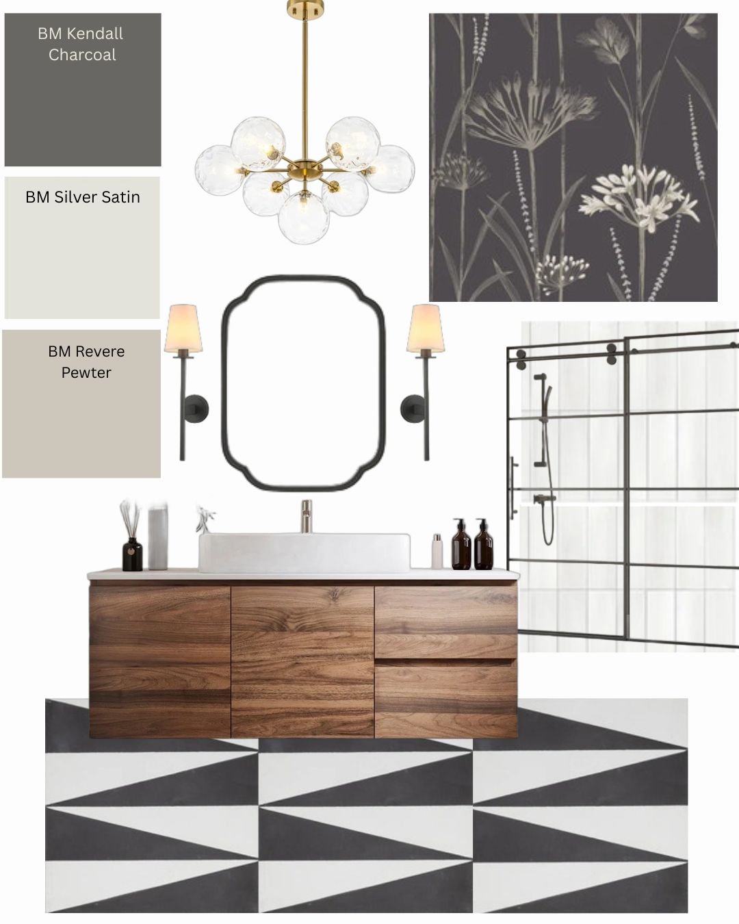 visual boards, bathroom mood boards, modern bathroom examples, large bathrooms, designer bathrooms, roller shower doors, patterned tile, Benjamin Moore bathroom paint colours, neutral bathroom, bathroom wallpaper, ensuites, sleek bathrooms,