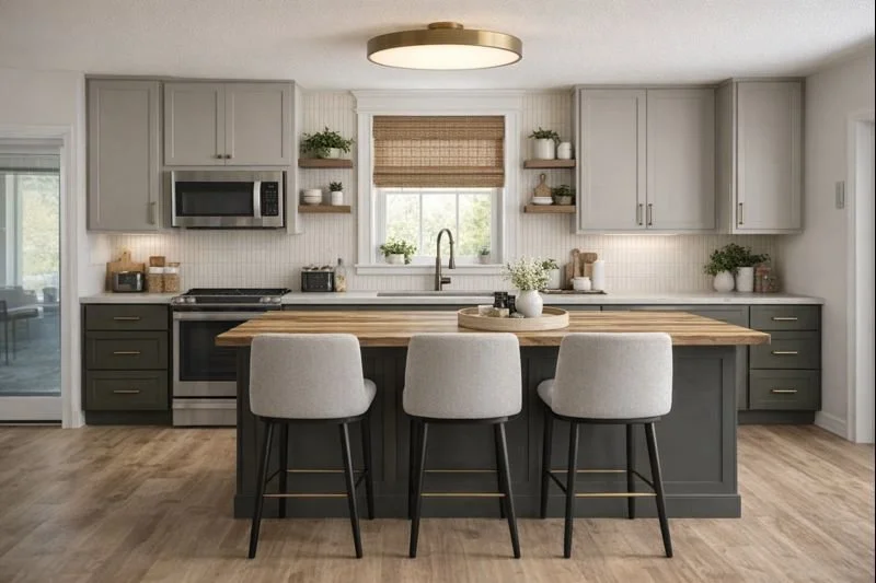 Minimalist kitchen, midimalist kitchen, grey kitchen Benjamin moore Amherst Grey, Benjamin Moore London Fog. roman blinds, ceiling lights. island lights, designer kitchens, simple kitchens, DIY kitchens. painted kitchen cabinets,