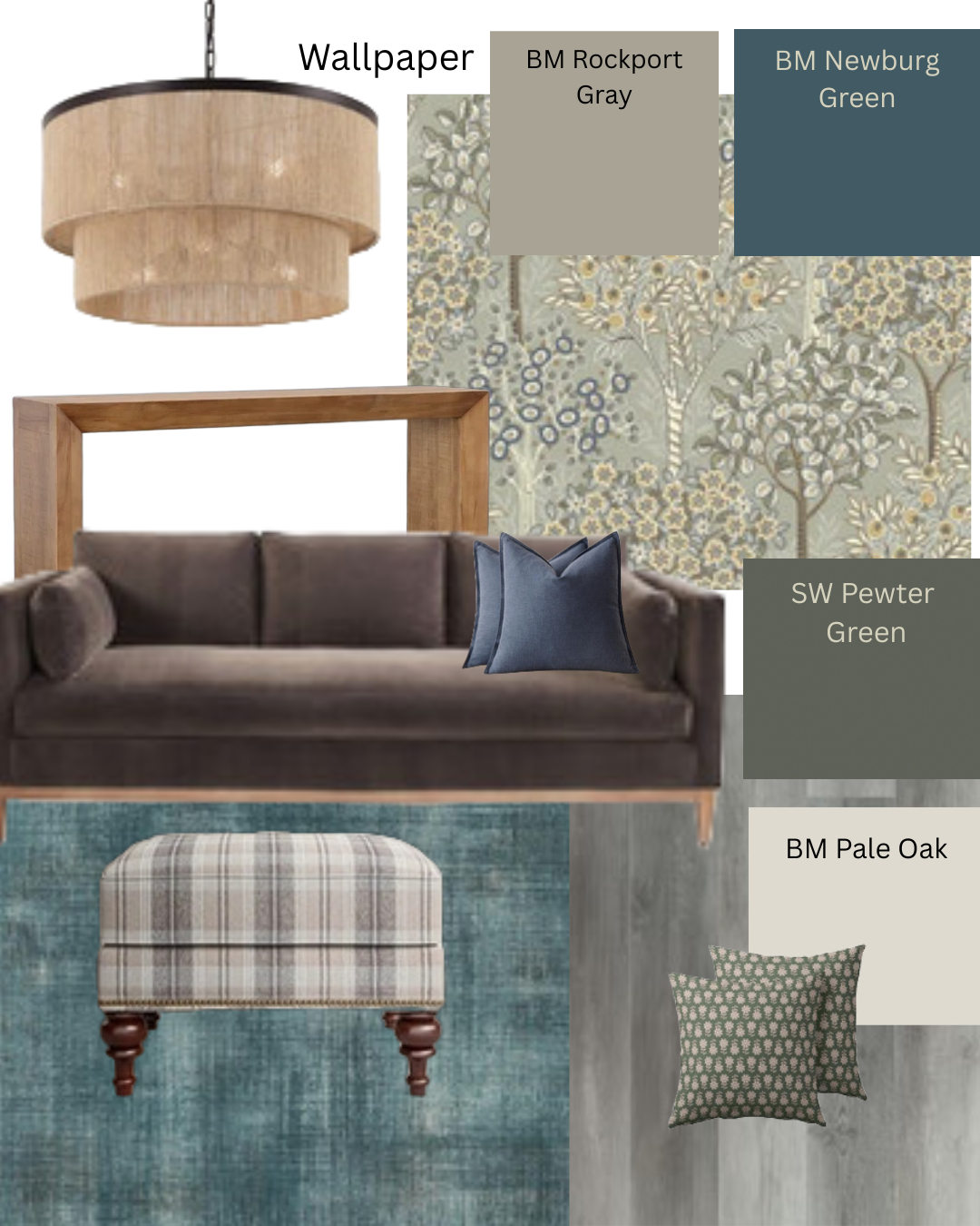 Interior design mood board featuring a beige and gold floral wallpaper, a taupe sofa with navy pillows, plaid ottoman on a teal rug, a wooden frame, a beige and taupe layered drum pendant light, and color swatches of gray-green shades.
