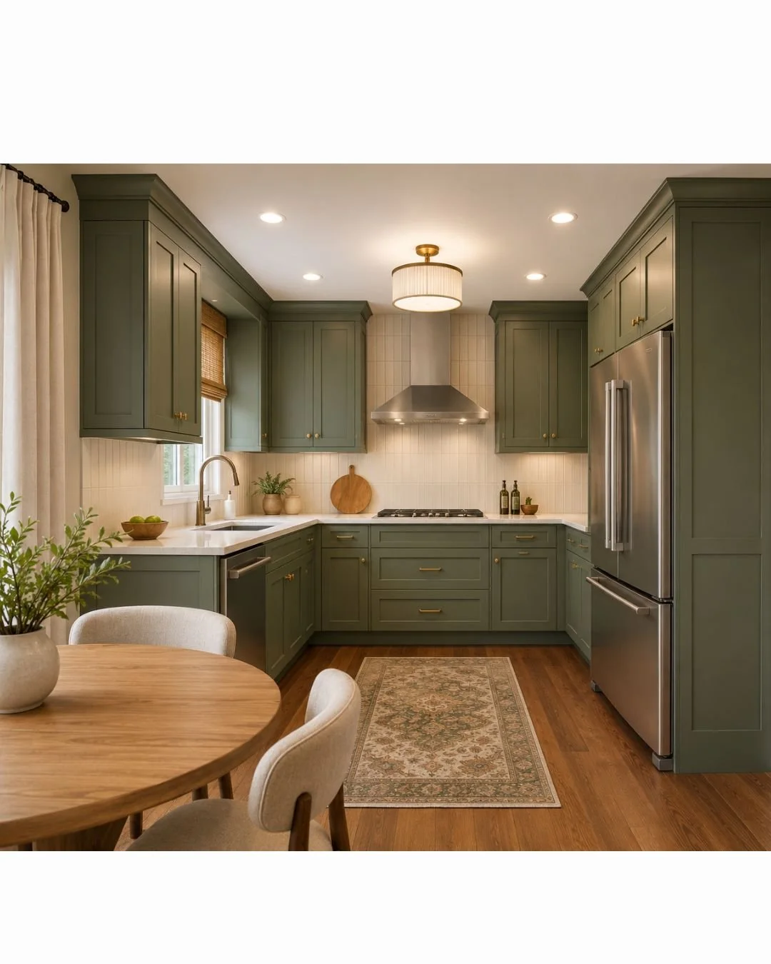 Green painted kitchen, small kitchen, honey oak cabinets, orange kitchen, before and after kitchen,