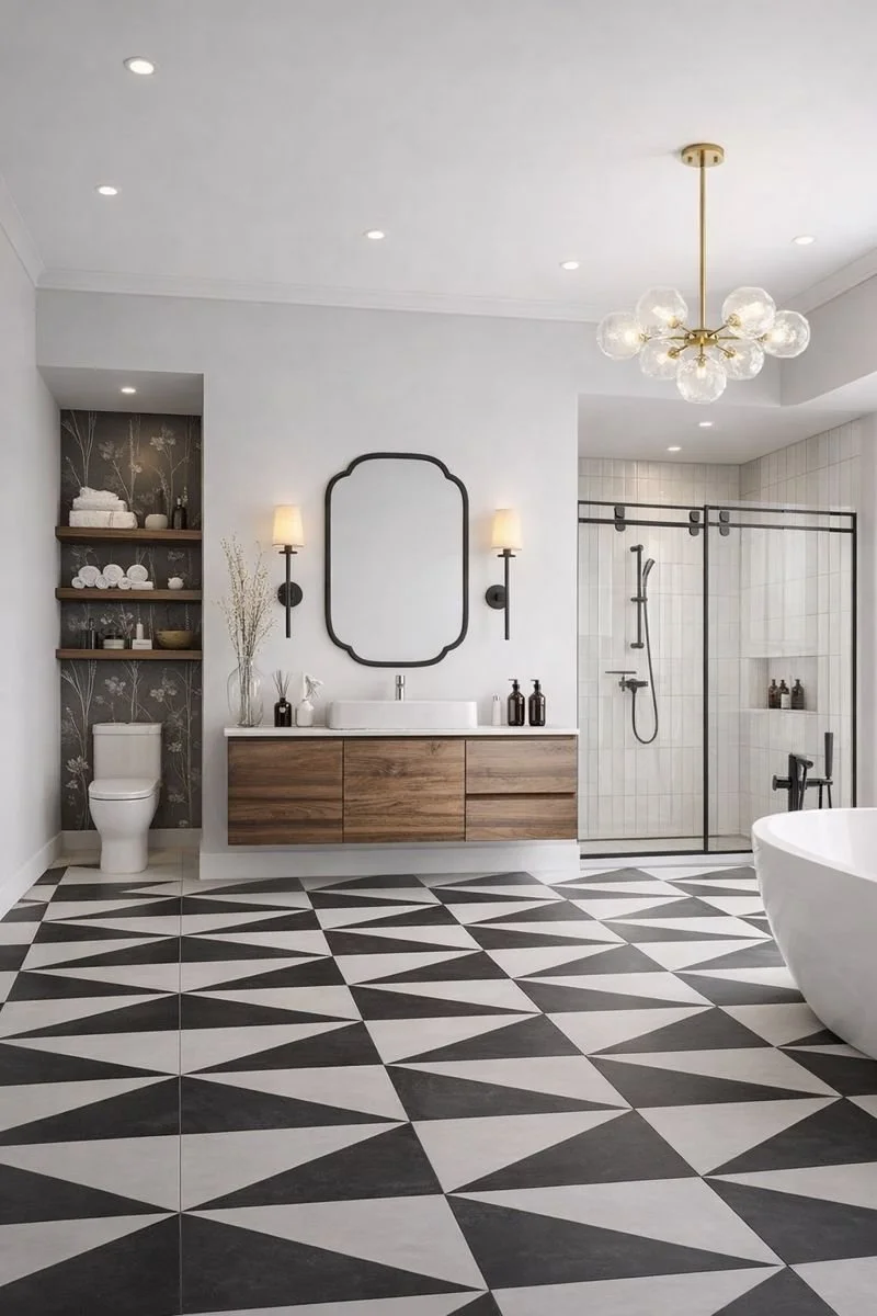 patterned tile, black and white bathroom, master bathroom, ensuite, large bathroom design, designer bathrooms, floating vanities, wall sconces, free standing tubs, bathroom chandeliers, modern vanities, wood vanities, vessel sinks, roller shower door