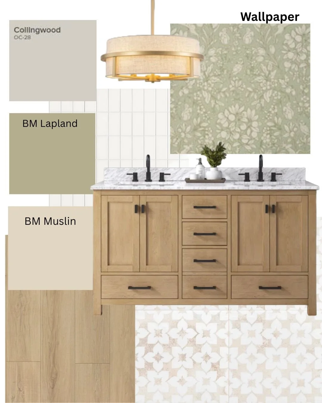 A bathroom with a double vanity, black fixtures, and a marble countertop, surrounded by wallpaper, tile samples, and wood flooring.