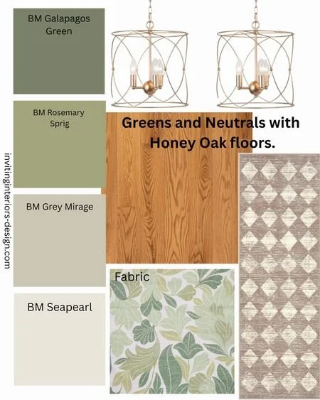 Green kitchens with Honey Oak, Honey Oak Floor colours. Greens with honey oak. Modern green colours. Updating honey oak floors, Benjamin Moore Galapagos Green, Rosemary Sprig, Grey Mirage, Seapearl