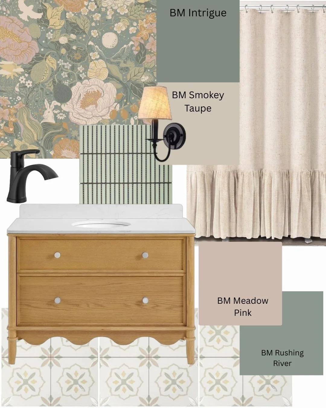 Green country farmhouse bathrooms, Benjamin Moore Intrigue, Smokey Taupe, Meadow Pink, Rushing River Paint colours, vintage bathroom, powder room decor, classic bathroom styles, mood boards for bathrooms, cottage bathroom, small bathrooms, bathroom.