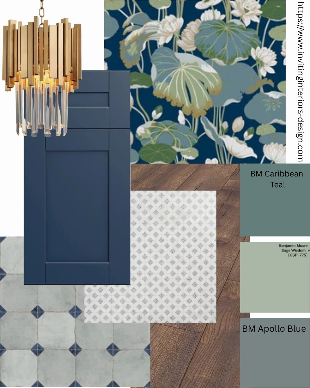 Mood Board for a kitchen with blue and white cabinets adding a little green paint colour. Wallpaper for a blue and white kitchen, pendant lighting for a blue and white kitchen, island lighting. kitchen tiles for a blue and white kitchen. green paint