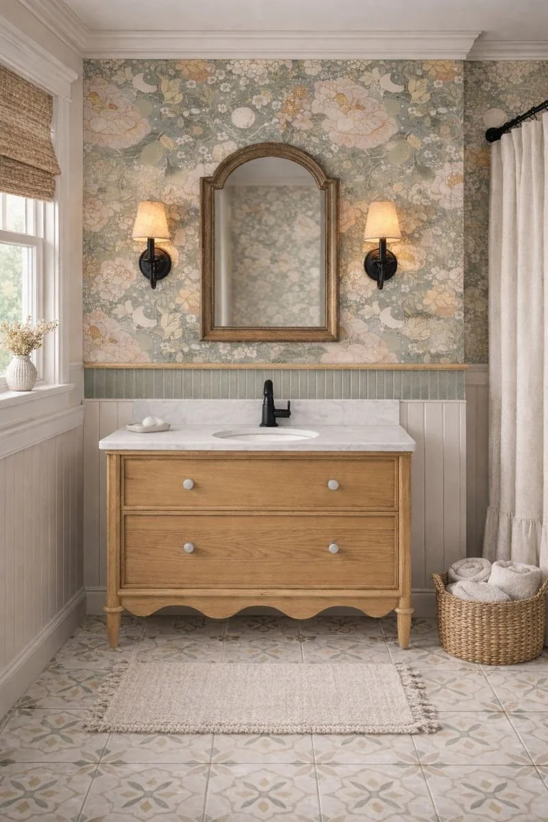 Green bathroom decor, vintage bathrooms, cottage bathrooms, pink and green bathrooms. small bathroom decor, country farmhouse bathrooms, wood bathroom vanities, bathroom wallpaper, bathroom tiles.