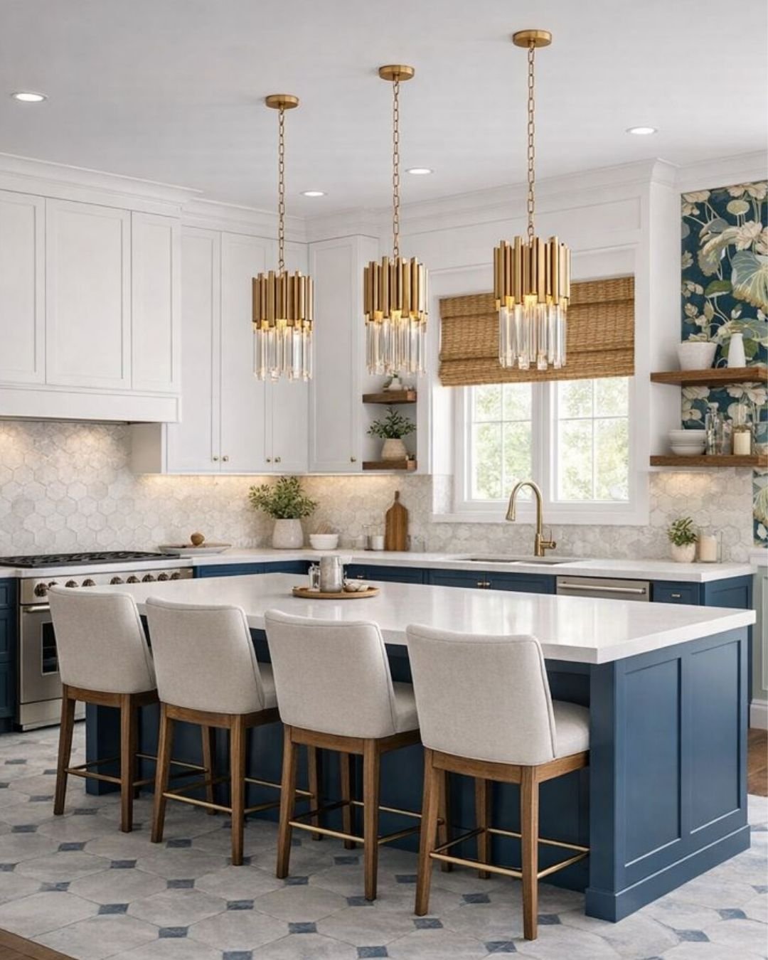 Blue and white kitchen with some green paint. kitchen with wallpaper, wallpaper for a blue and white kitchen. formal lighting for a kitchen, kitchen chandeliers, formal stools for a kitchen, backsplash. patterned kitchen tile. Woven wood roman blinds
