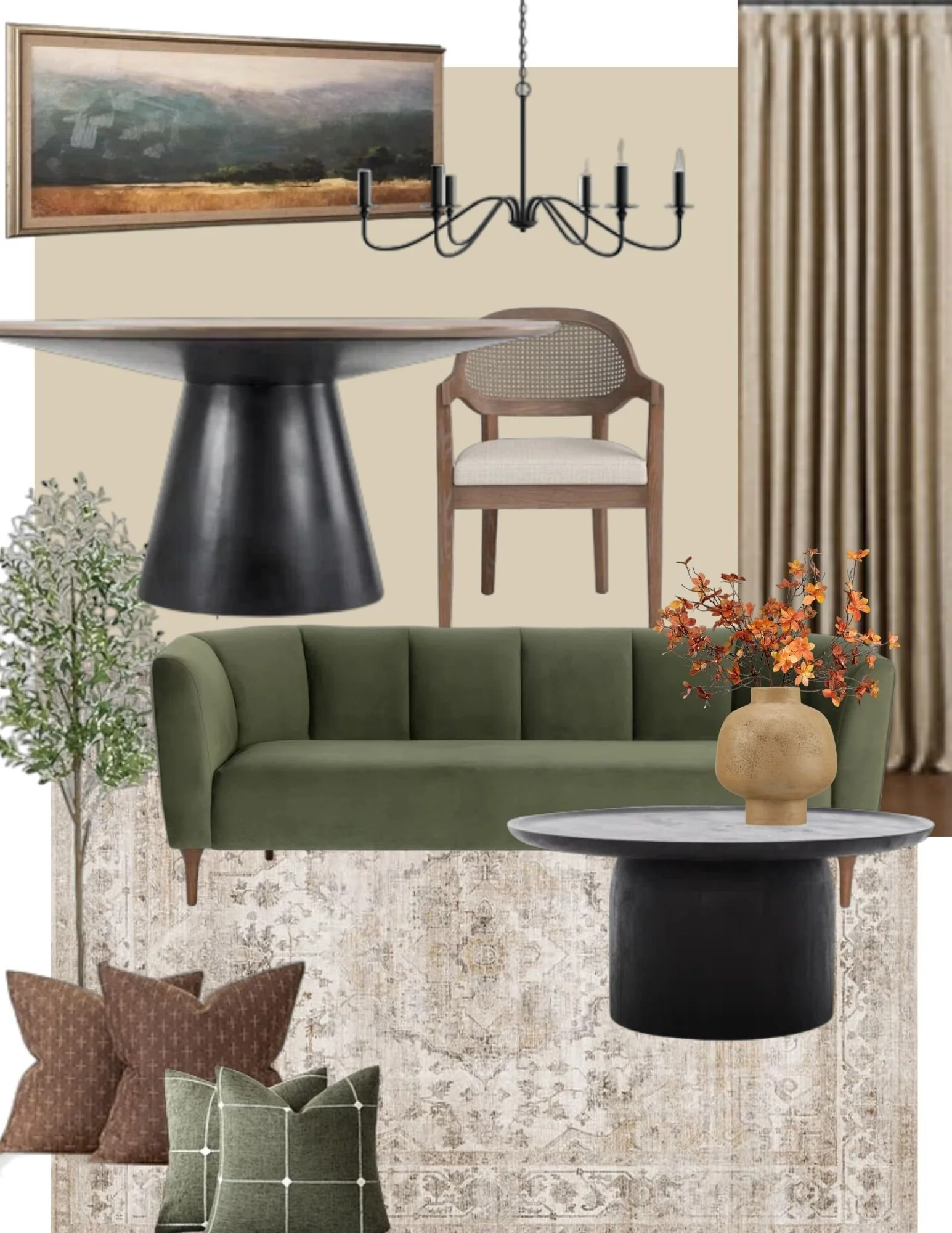 Small apartment decor. Condo living dining room. open concept dining room and living room, minimalist living dining, midimalist living dining room, modern living dining rooms, designer living dining rooms, green sofa, green couch, green decor, mood.