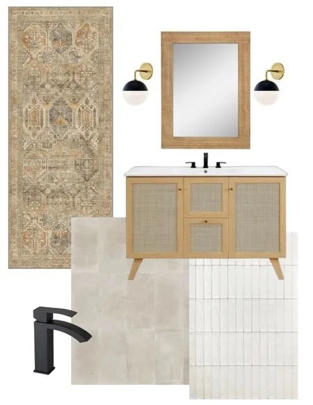 Neutral bathroom, spa bathroom, wood vanity, black faucet, black bathroom lighting, ceramic tile, beige cream tile, mid century modern vanity, bathroom rugs, bathroom mood boards, modern bathrooms, guest bathroom, main bathroom, powder room