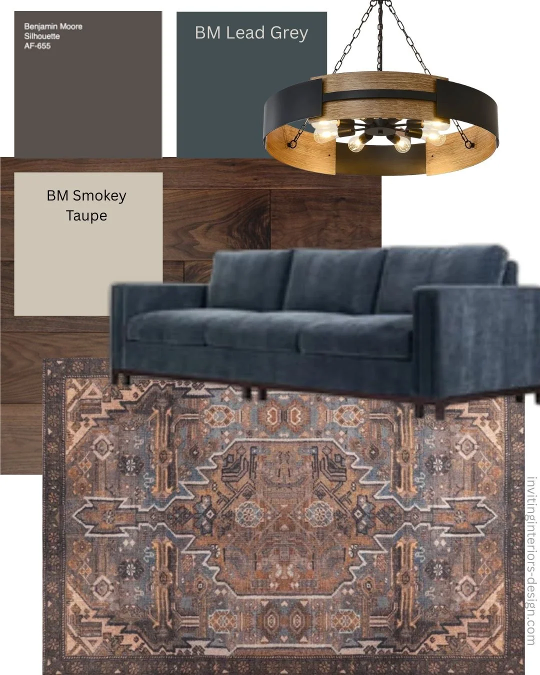 A gray velvet sofa in front of a patterned vintage rug, with color swatches for Benjamin Moore paints and wood samples above.