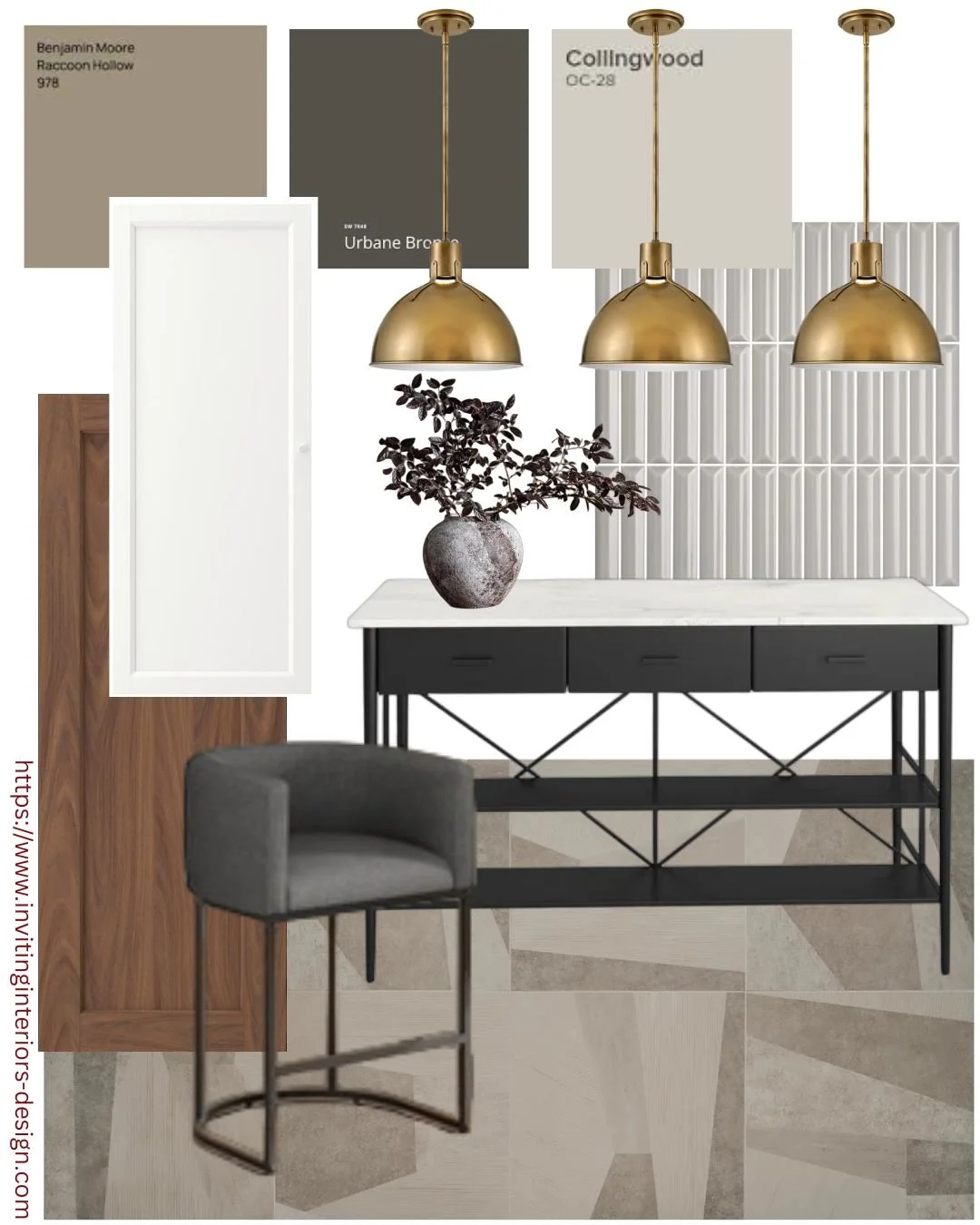 Midimalist Kitchen, Minimalist Kitchen, Kitchen mood boards, Ikea kitchen decor, Neutral kitchens, movable kitchen islands, Benjamin Moore Racoon Hollow, Sherwin Williams Urbane Bronze, Benjamin Moore Collingwood.