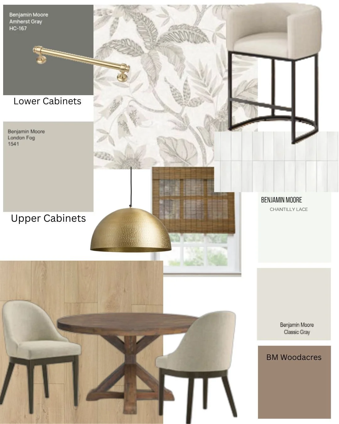 minimalist kitchen, grey kitchen, table and chairs. designer kitchen, island stools, upholstered stools, Benjamin Moore Amherst Grey, London fog. Chantilly Lace, Classic Gray, Woodacres. roman blinds, Kit Kat backsplash,