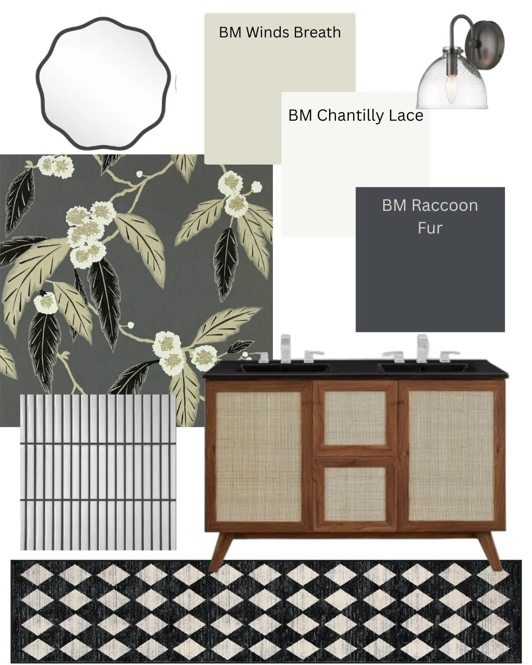 Interior design mood board with wallpaper featuring beige floral and leaf pattern, black and white geometric rug, bathroom vanity with twin sinks, wall-mounted light fixture, and color palette swatches labeled BM Winds Breath, BM Chantilly Lace, BM Raccoon Fur.