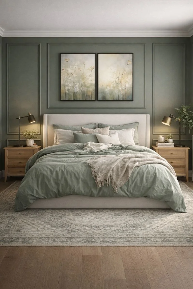 Green bedrooms, green paint colour, Benjamin Moore Rushing River, Upholstered beds, Green bedding, Minimalist bedrooms, Midimalist bedrooms, Serene bedrooms, moulded walls, bedroom art, Zen bedrooms, Designer Bedrooms, Shabby Chic bedrooms, Modern