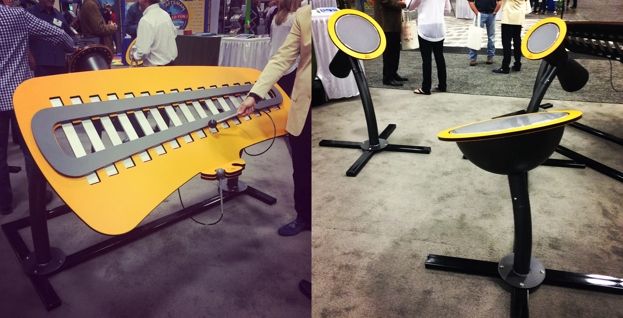 Images of the Metallophone and drums from the Landscape Structures product display from R ecreation Consultants of Texas at ASLA 2016