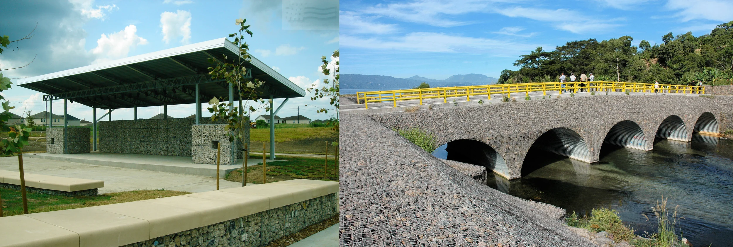 Architectural and landscape applications of the Modular Gabion System by C.E.Shepherd Company.