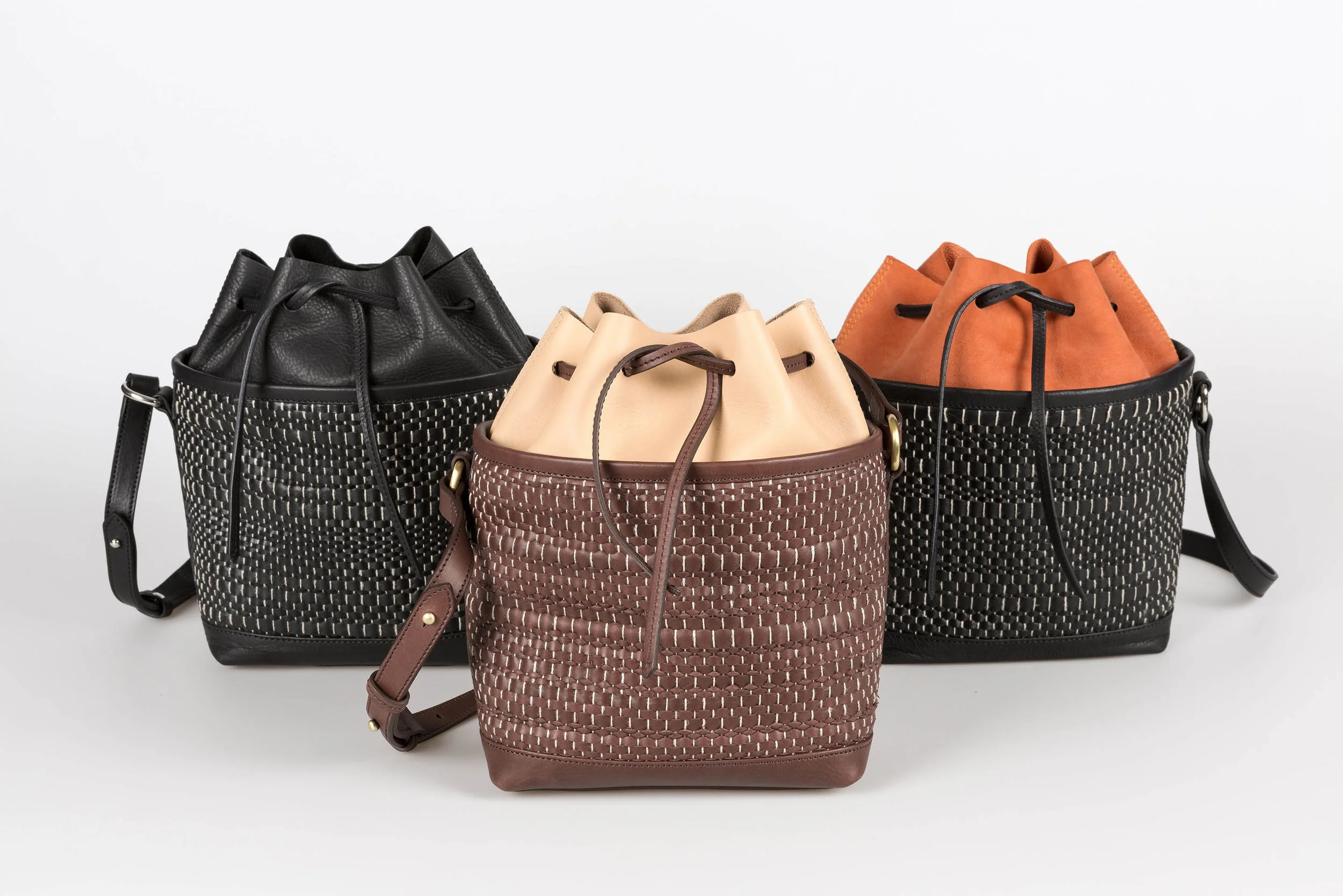 The woven leather from Leather Weaves, is channeled to handbags by Begüm Cana Özgür, Kirkit Istanbul