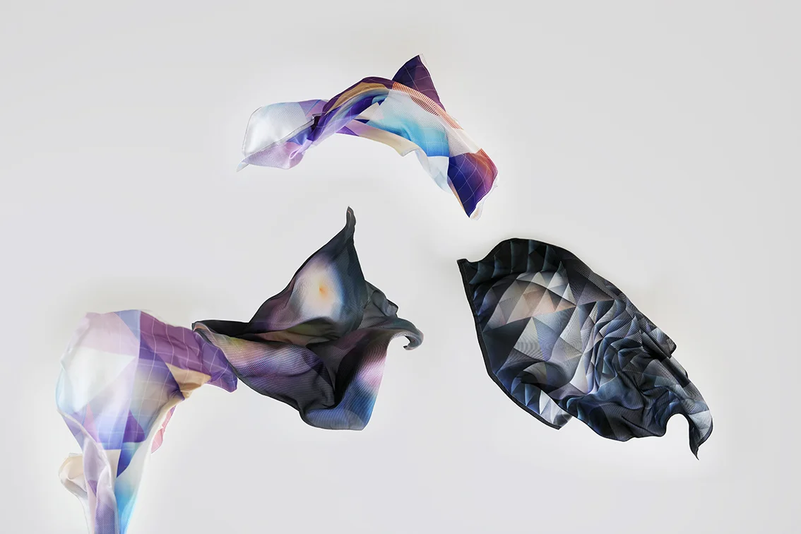 Fine printed silk scarves with graphic patterns : Through the Looking Glass , by Rive Roshan, In collaboration with Bilge Nur Saltik