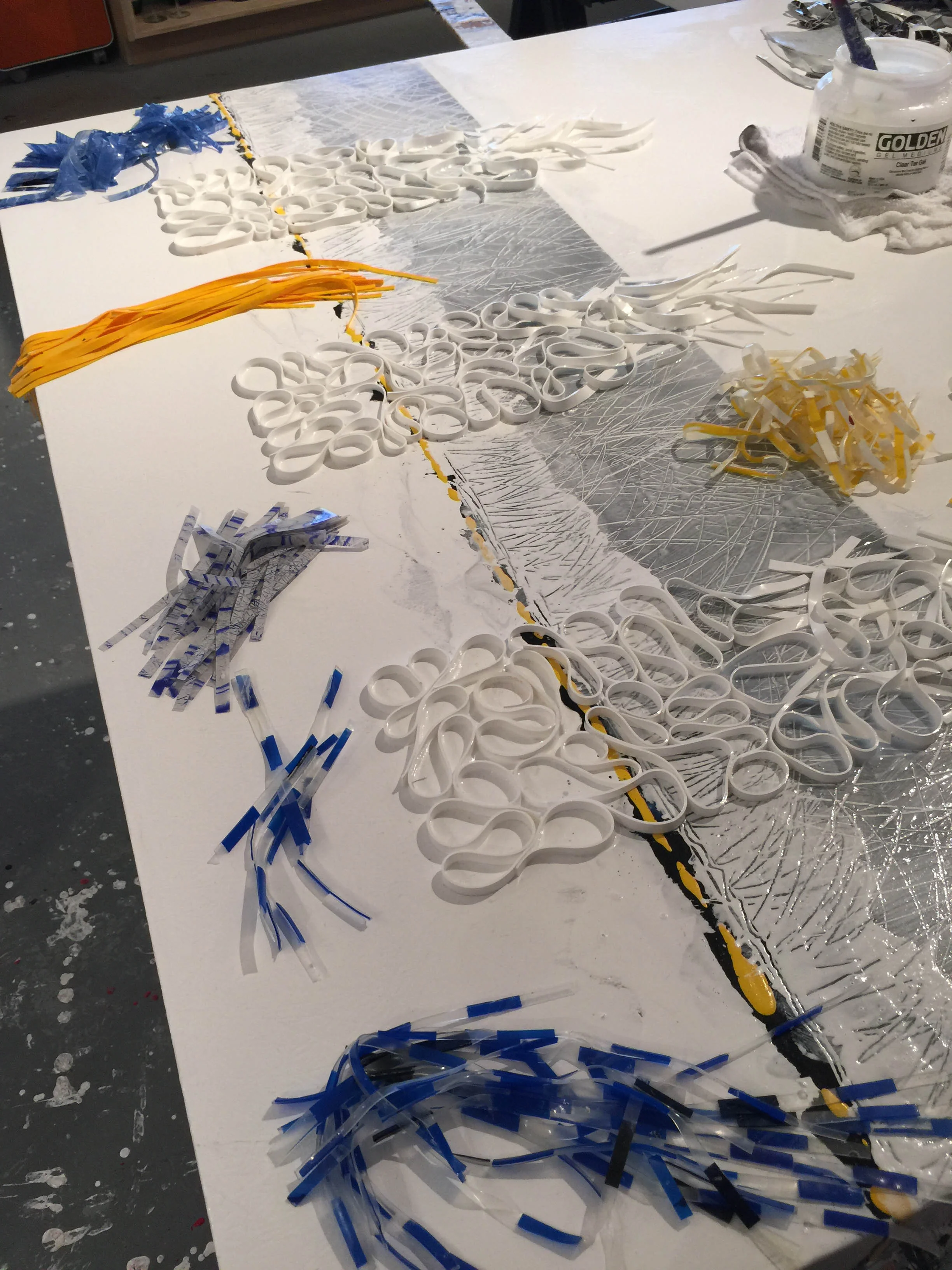 Strips of dried acrylic gel physicalize the braided, organic formations in Brian Huber's work, inspired by natural landscapes such Denali National Park, in Alaska.