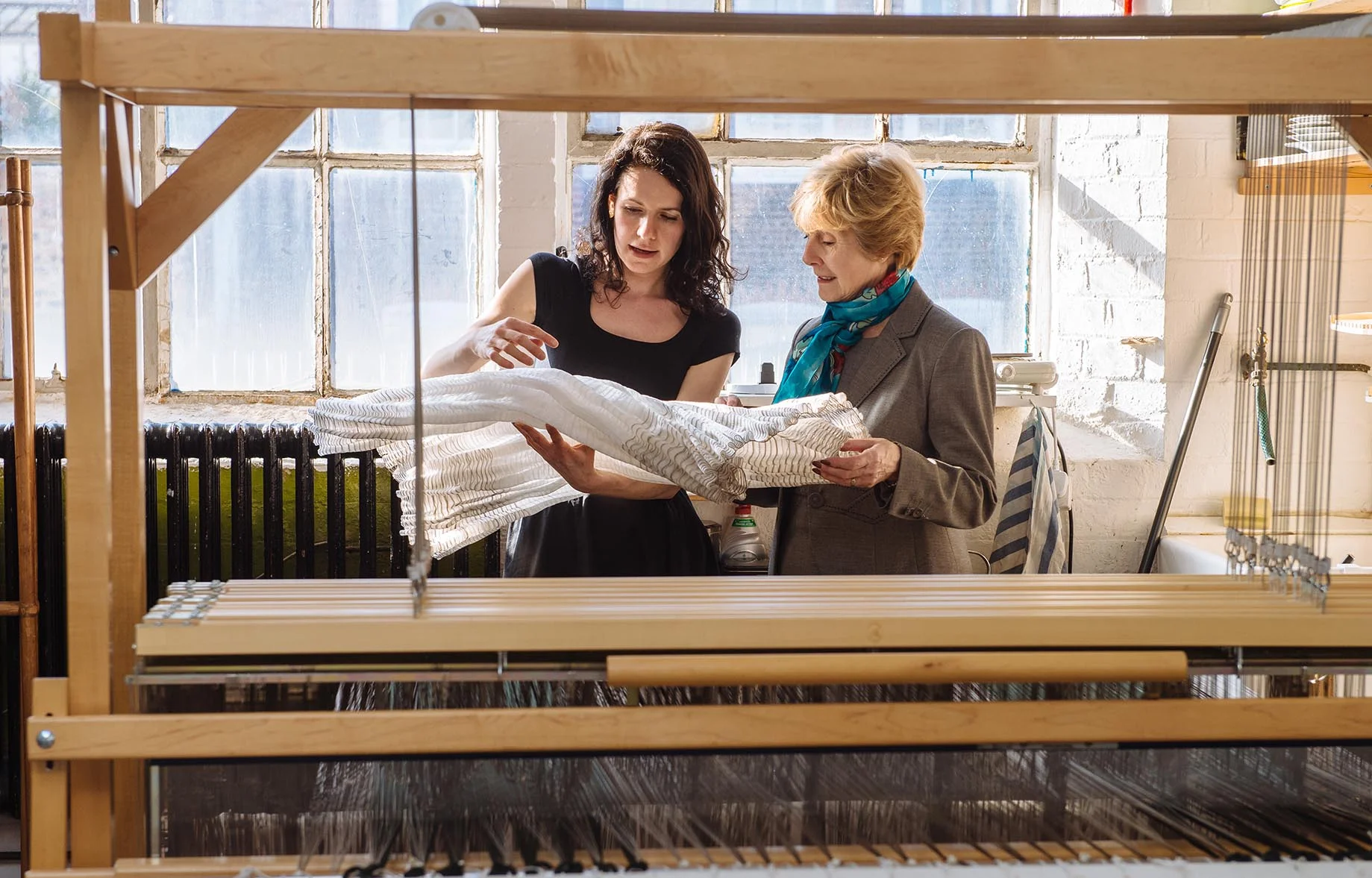 At her Studio in Cockpit Arts, Rita Parniczky and June Robinson from NADFAS, as cpatured by Richard Eaton 2015