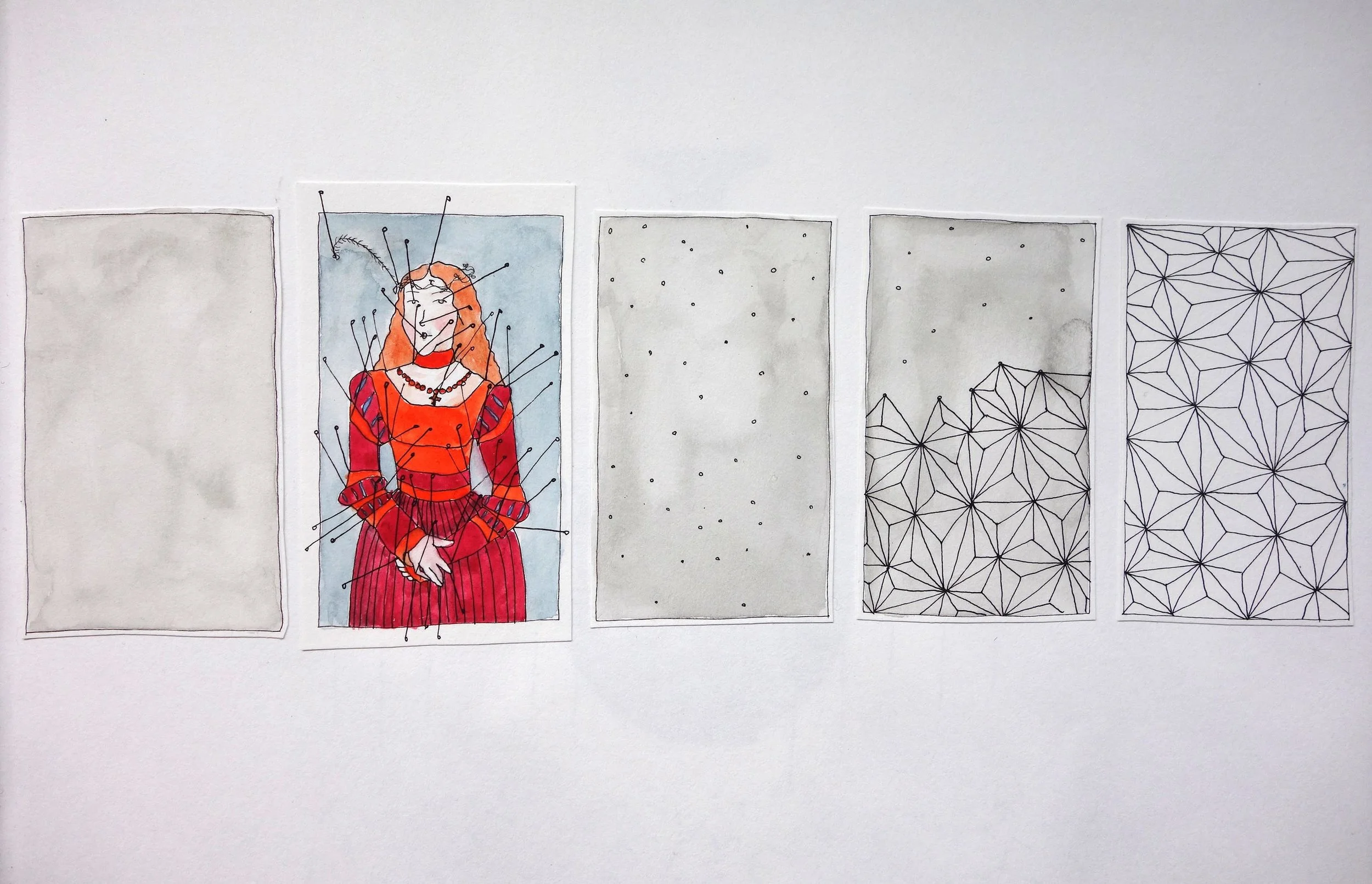 A series of drawings by Leah illustrates her process, and the steps she follows–bringing deconstructed Renaissance paintings into faceted ceramic forms.