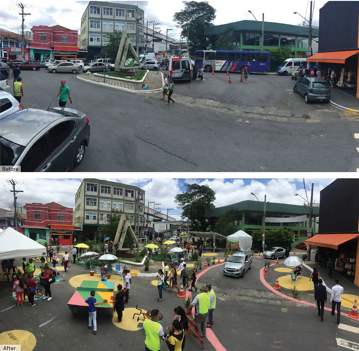 A vibrant and active pedestrian plaza, and multiple pedestrian crossings emerge during NACTO's one-day pop-up transformation event in Sao Miguel, São Paulo.