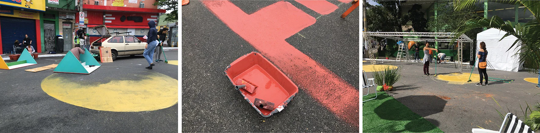 Using paint and other interim material interventions, a vibrant and active pedestrian plaza, narrower lanes for vehicles and multiple pedestrian crossings emerge during NACTO's one-day pop-up transformation event in Sao Miguel, São Paulo. 