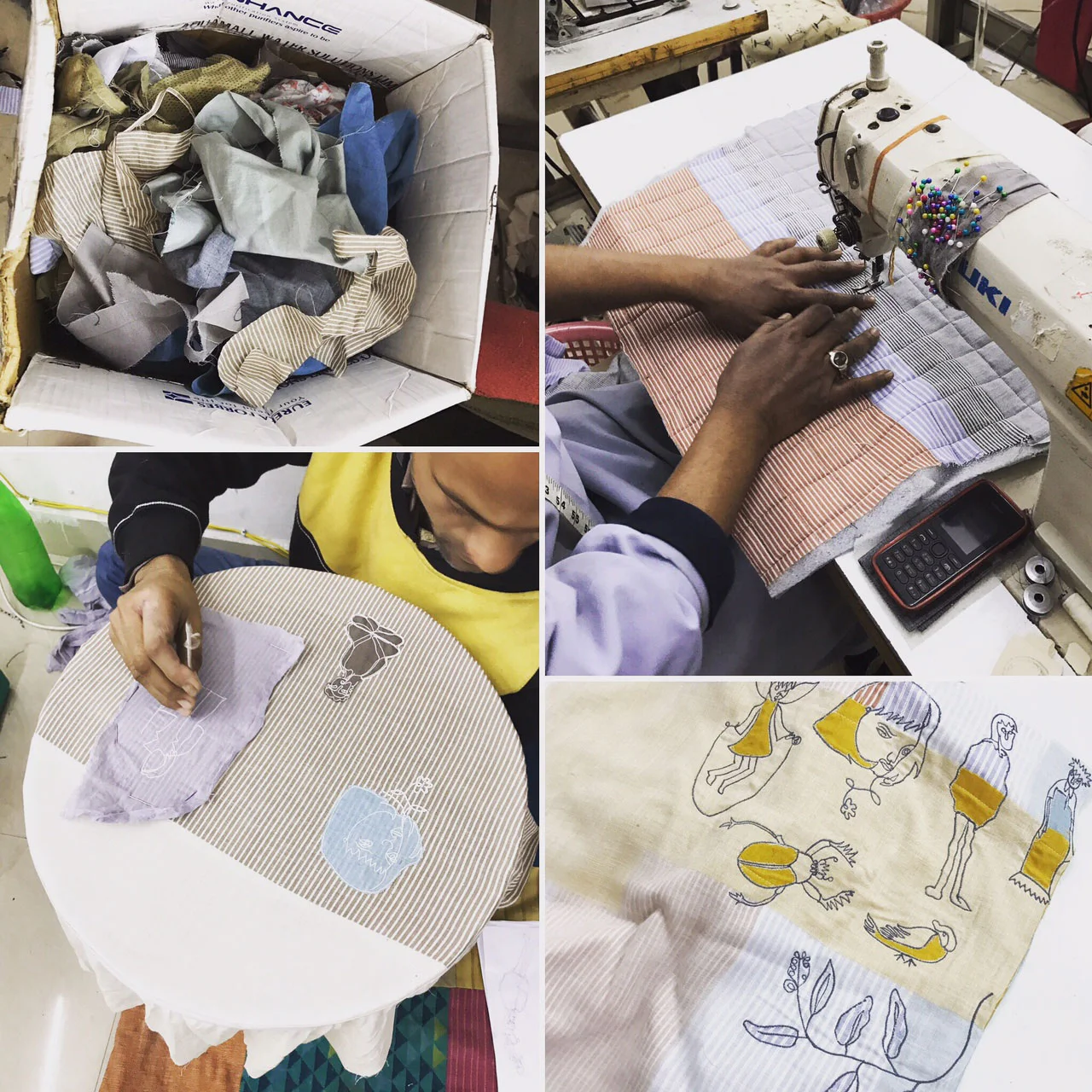 Clockwise from Top Left: Fabric scraps as they arrive at the Doodlage studio, followed by quilting, layering, patchwork, and even embroidery using scrap fabric.