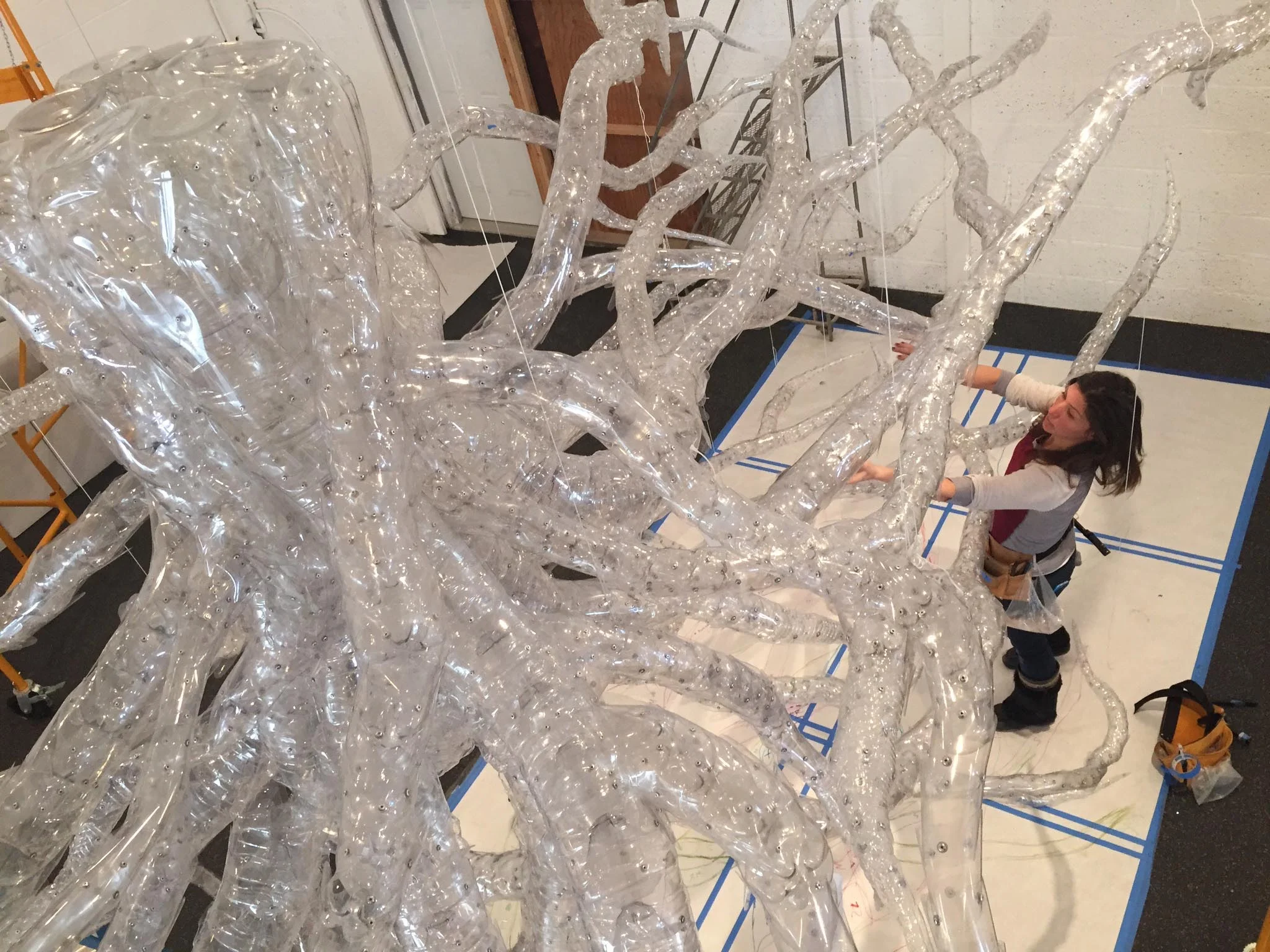 Pieces of cleaned, dried, cut PET plastic being assembled by Aurora into her Root System Access installation.