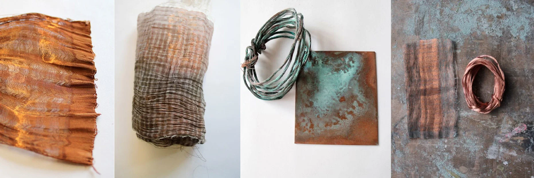 Woven and patinated textiles created from Copper Wire and Paper Yarn, by Neha Lad
