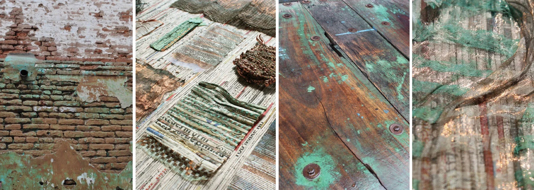 Drawing inspiration from the streets of Ahmedabad's Old City–with its aged surfaces and scraps–Neha Lad creates woven, patinated textiles from recycled copper wire and paper yarn