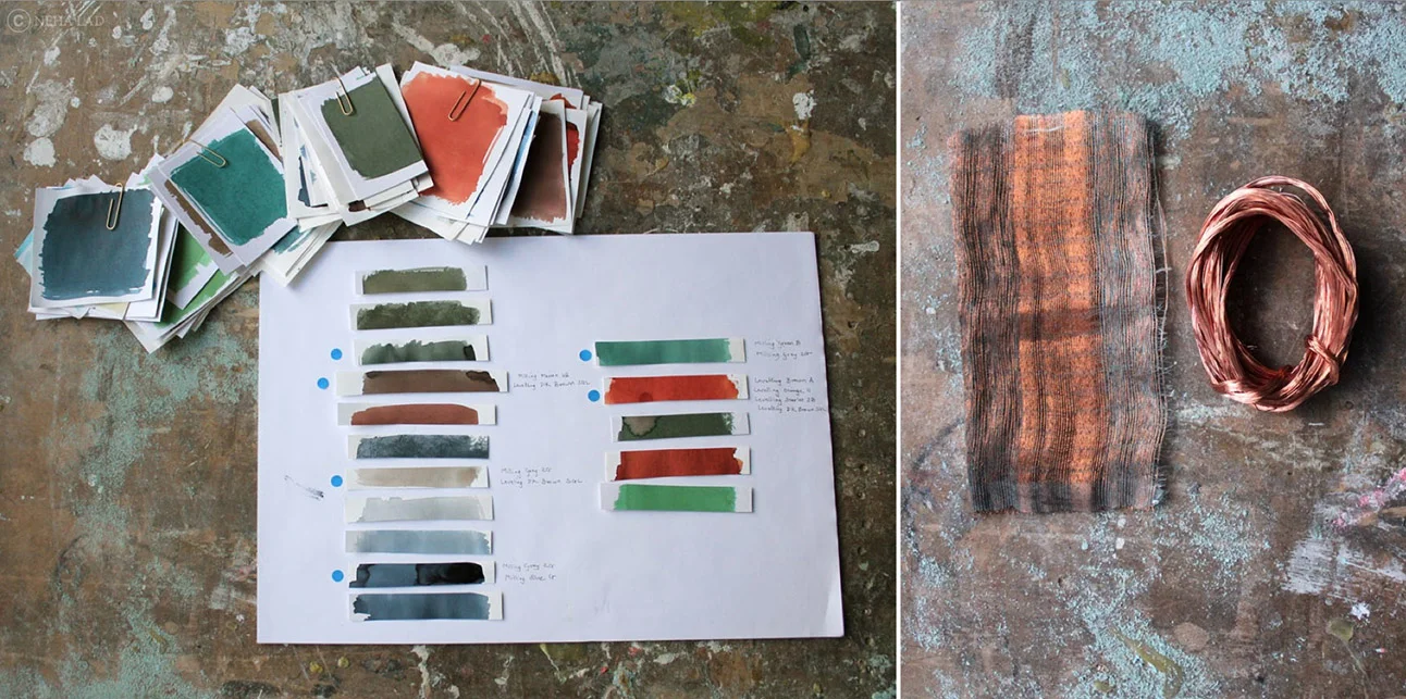Neha Lad testing patination techniques and hues (left) for her woven copper and paper textiles (right)