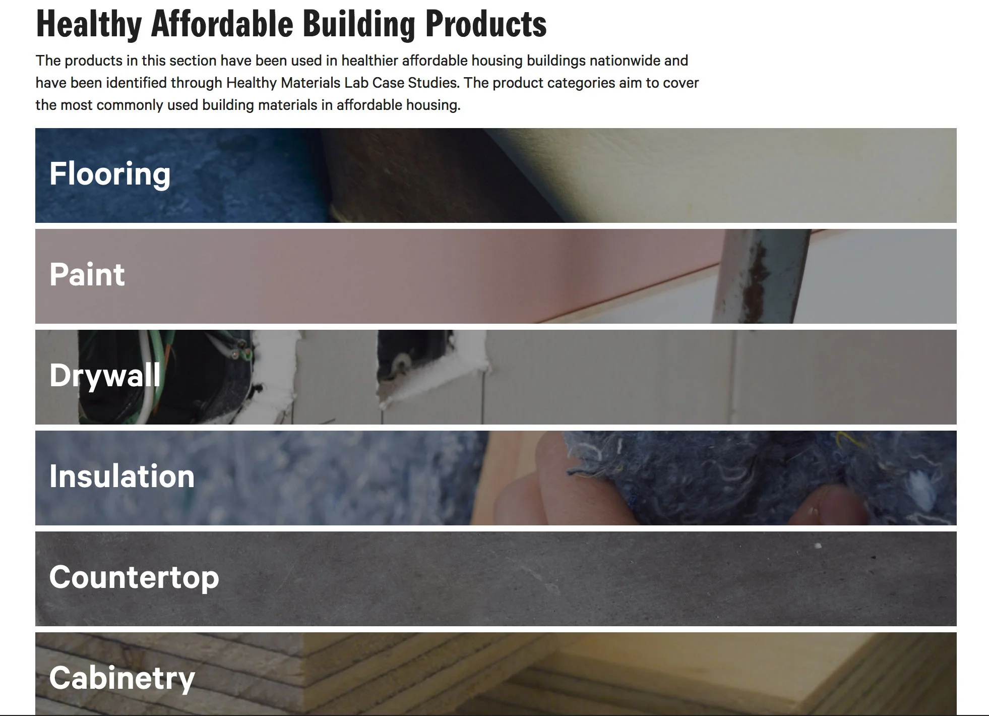 A glimpse of the Healthy Affordable Product List page, aggregated by Healthy Materials Lab.