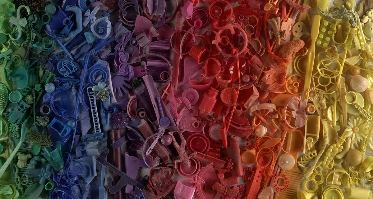 Art created from plastic beach debris, by Richard Lang and Judith Selby Lang, of One Plastic Beach. The duo are members of Project Vortex.