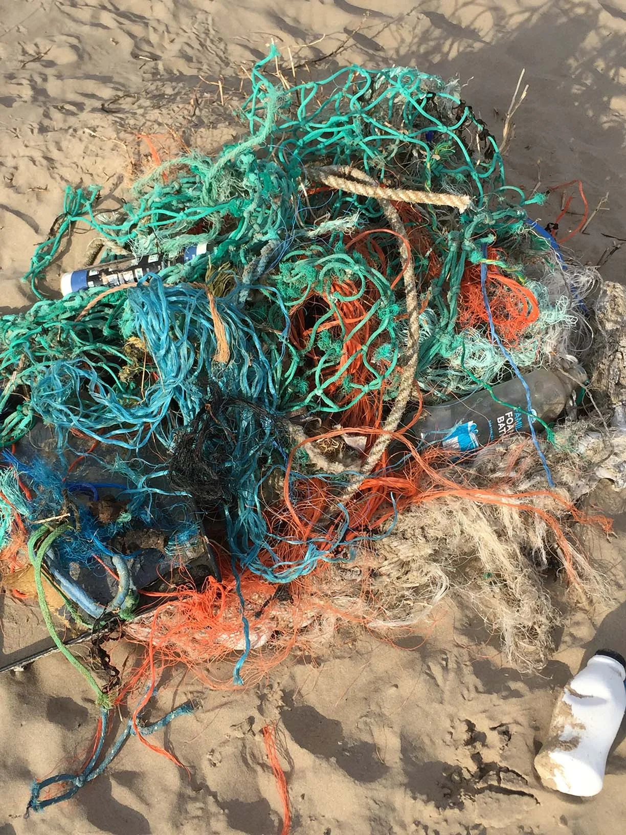 Discarded fishing lines and netting collected by Carmen at a beach.