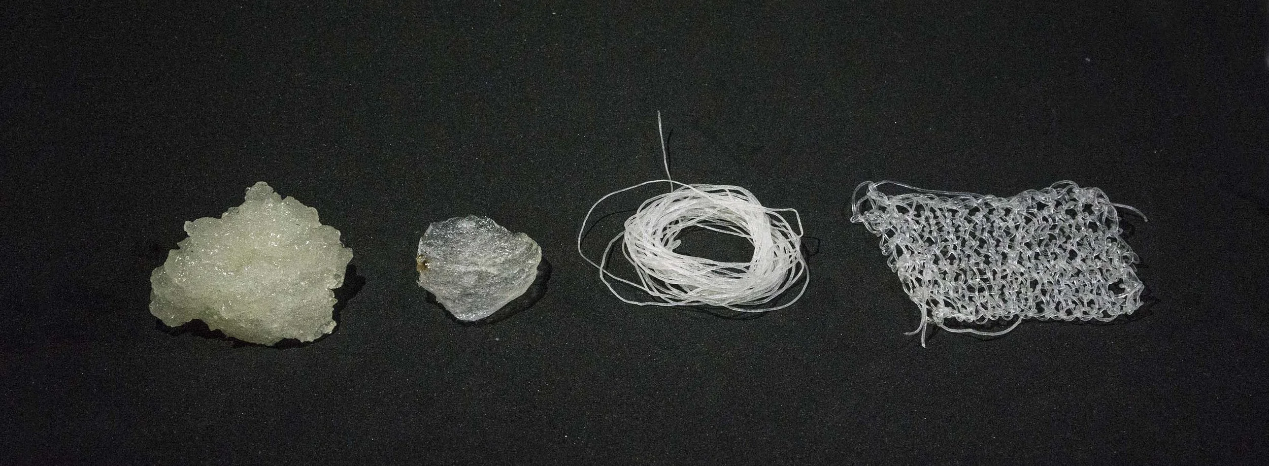 Seen here is AlgiKnit's transformation of their biomaterial from paste, to monofilament (yarn) and then a knit panel for bio-based textile.