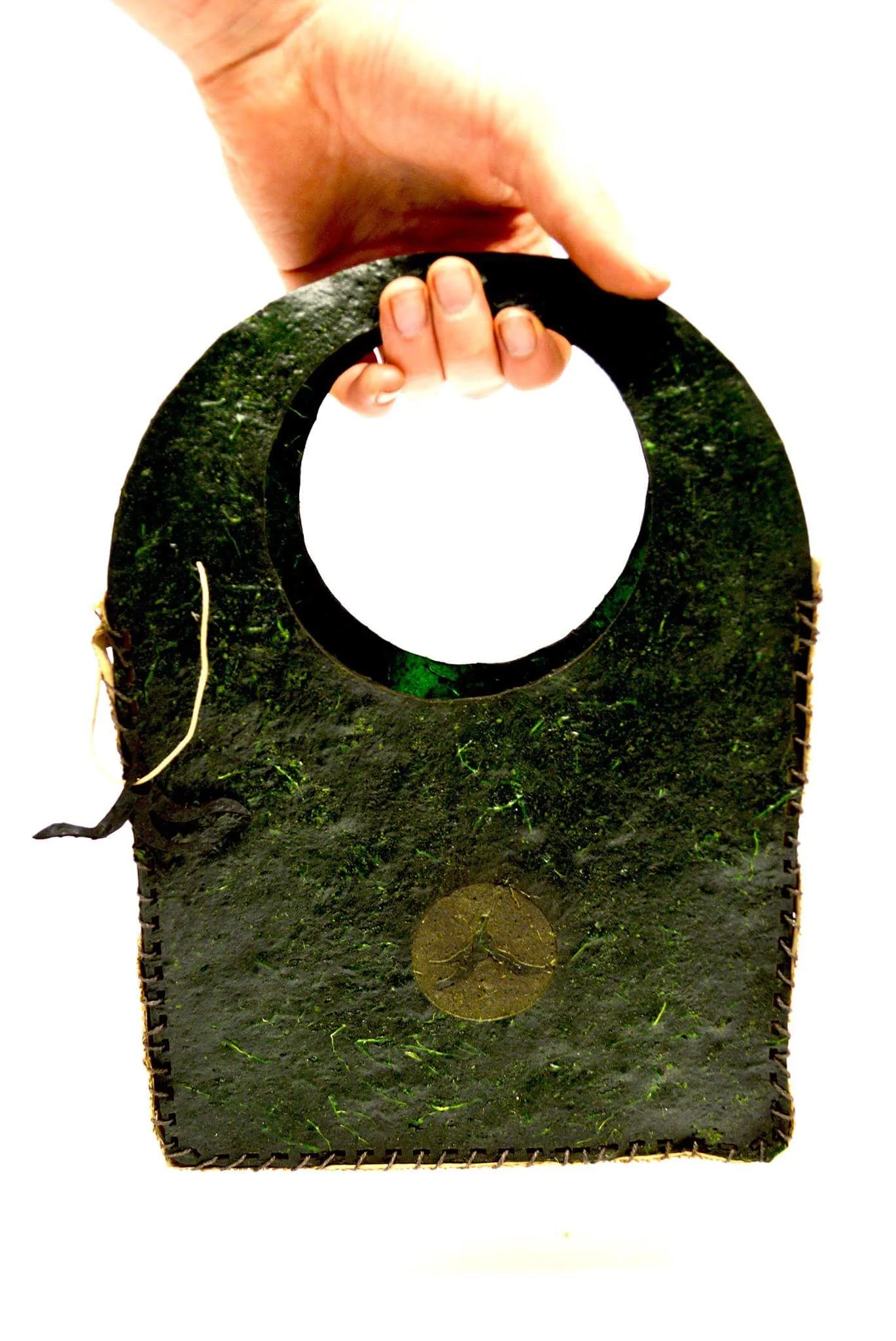 A bag created from Biomaterial produced by designer Lizzie Hall, as part of Banana Lab