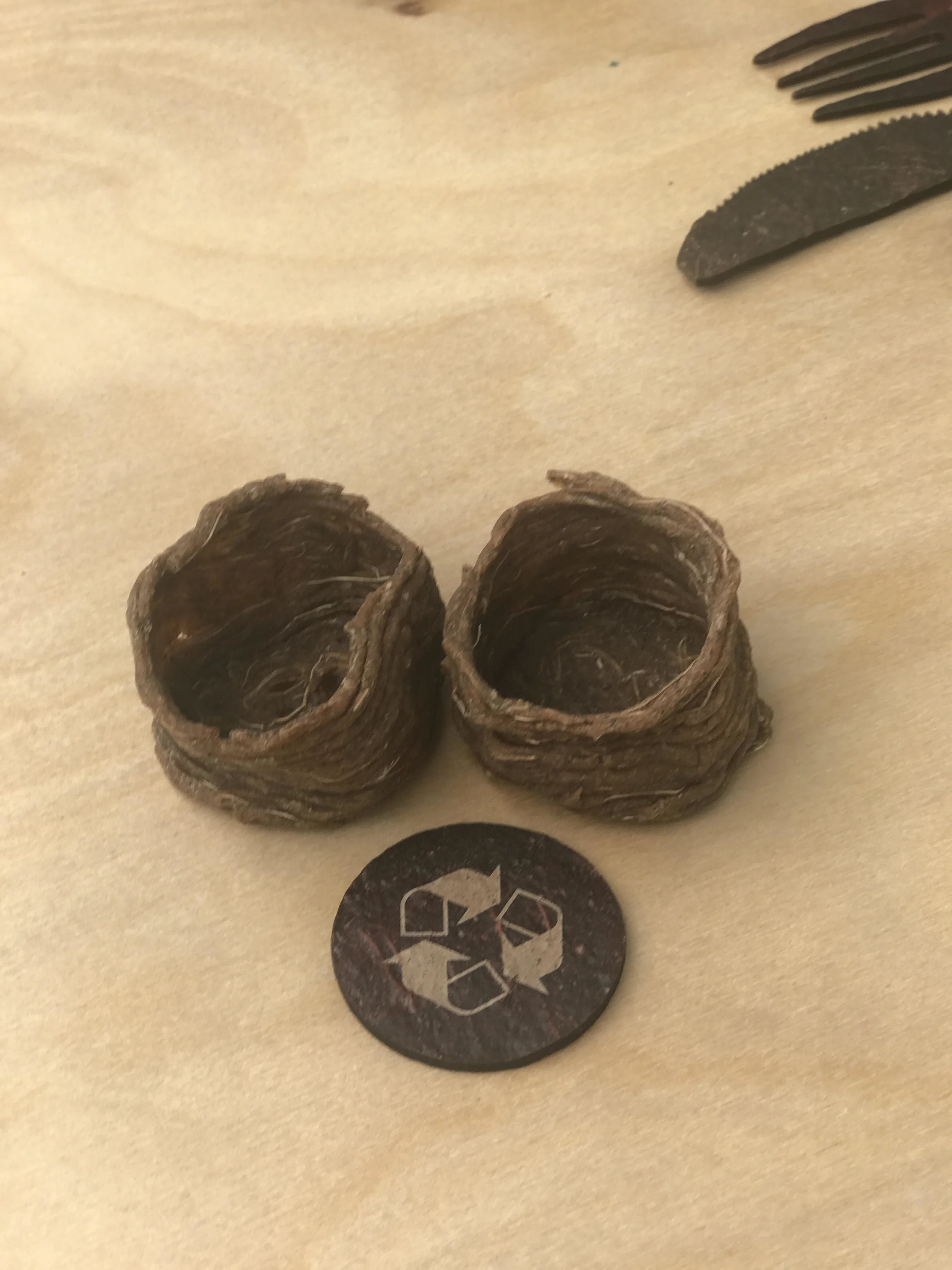 Banana peel based biomaterial extruded through a 3D printer, by Lizzie Hall.