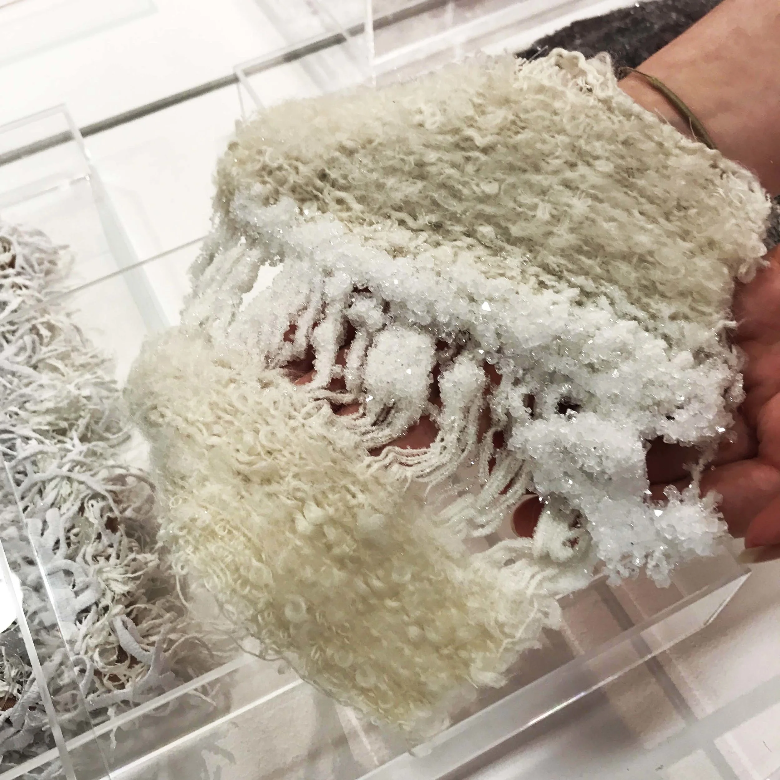 Handwoven fabric with grown crystal embellishment , by Hannah Croft, MUUNA