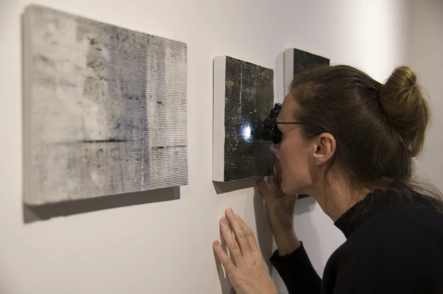 Wall panels by Helen Johannessen being viewed with optical glasses. DavidXGreenPhotography 2017