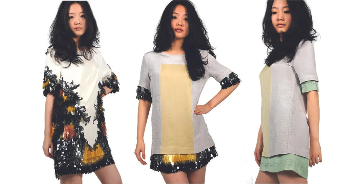 Prototype dress with three distinct lives, embellished with bioplastic sequins, designed by The Sustainable Sequin Company.