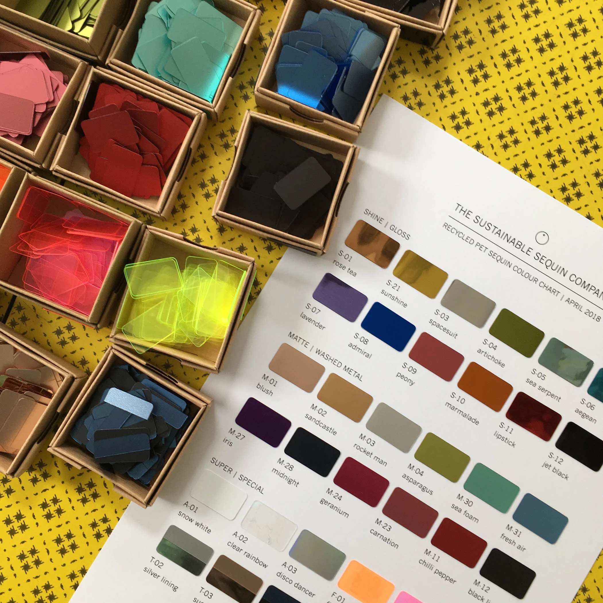 The range of sequins custom cut from Recycled PET plastic by The Sustainable Sequin Company.