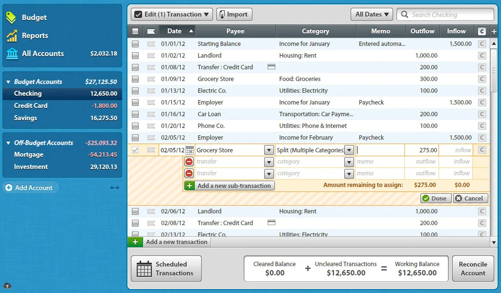 YNAB Split transactions